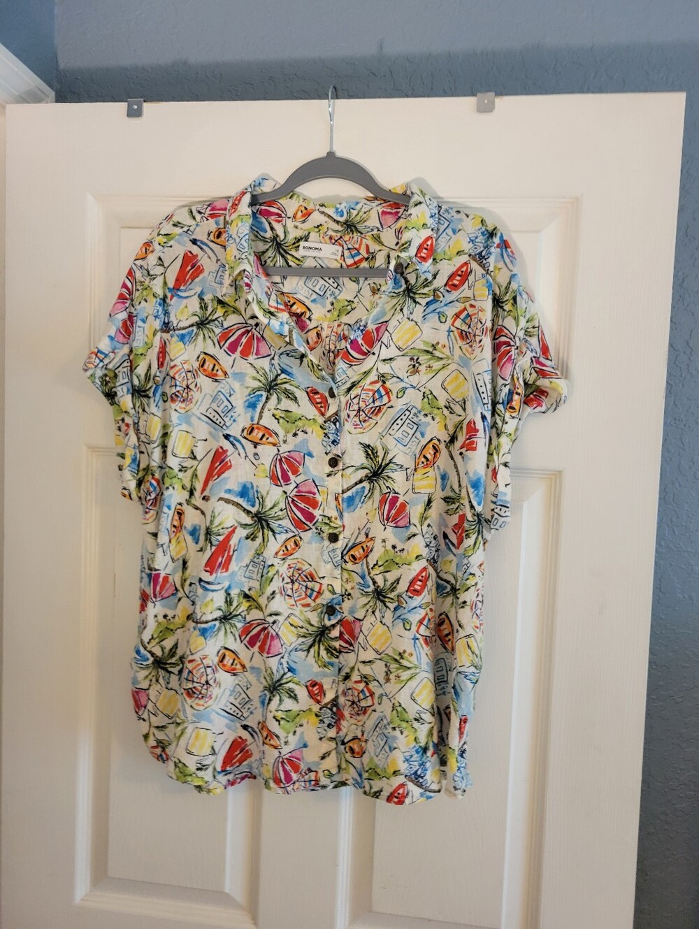 Sonoma Tropical Hawaiian Themed Print Linen Blend Top Women's Size 1X.